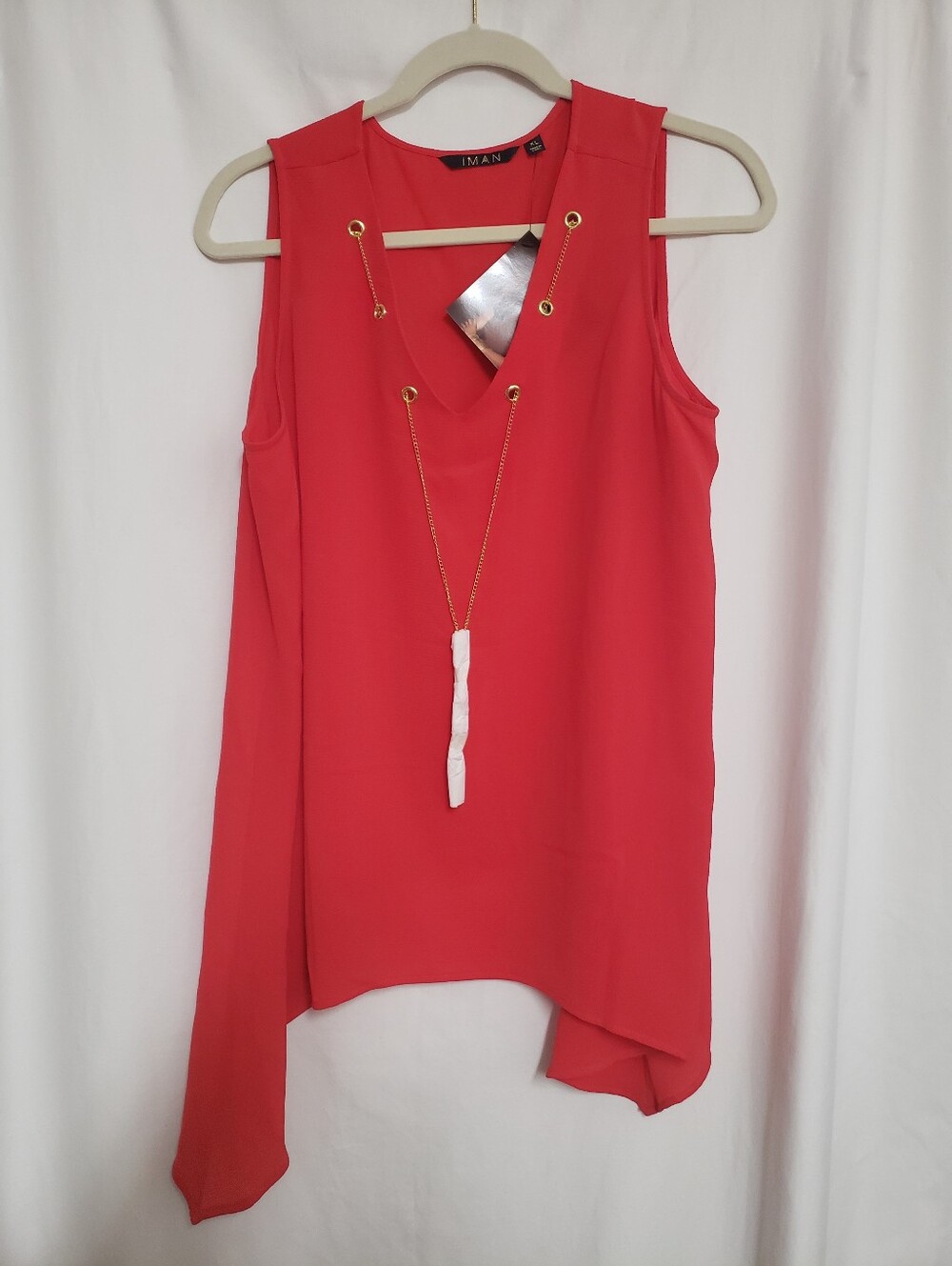 IMAN Red Asymmetric Sleeveless Blouse with Necklace Detail